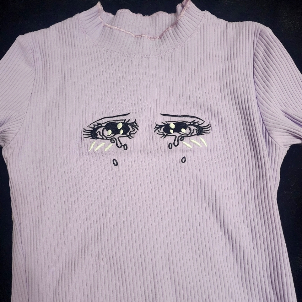 Lilac Ribbed Women's Top with Anime Eyes
